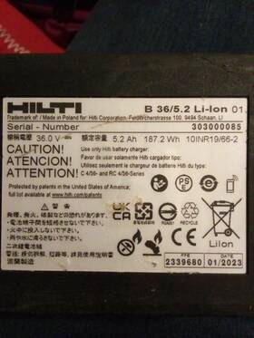 303000085 Hilti 36 Volt Battery B36/2.6ah Used 303000085 Hilti 36 Volt Battery B36/2.6ah Used