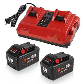 Komifolen 740863680758 2 Pack 18v 9.0 Ah Battery And Dual Bay Simultaneous Charger Replacement For M
