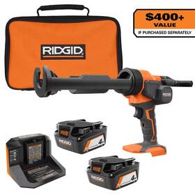 Ridgid 744110949919 18v 4.0 Ah Battery 2-pack With Charger Bag And Cordless Caulk Gun