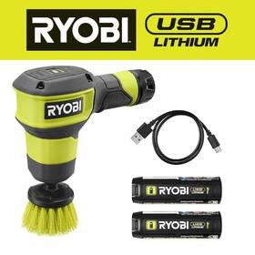 Ryobi 033287236527 Usb Lithium Compact Scrubber Kit With 2.0 Ah Battery Charging Cord 2 Inch Brush