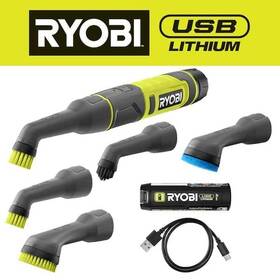 Ryobi 033287238118 Usb Lithium Cordless Compact Detail Scrubber Kit With 2ah Battery Charging Cable