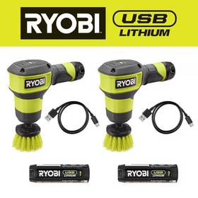 Ryobi 313022295263 Usb Lithium Compact Scrubber Kit With 2.0 Ah Battery Charging Cord And 2 I