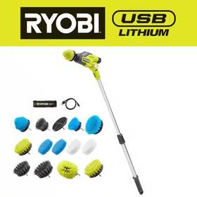 Ryobi 313107211225 Usb Lithium Telescoping Power Scrubber Kit With 2ah Battery Charging Cable And