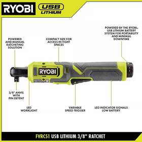 Ryobi 445000388384 Usb Lithium 3/8 Inch Ratchet Kit 2.0 Ah Battery Charging Cable 2