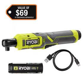 Ryobi 744759132277 Usb Lithium 3/8 Inch Ratchet Kit With 2.0 Ah Battery And Charging Cable