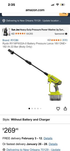 Ry18pw22a-0 Ryobi Battery Pressure Lance 18v One 182 I/h 22 Bar Body Only
