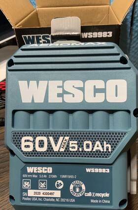 Wesco Ws9983 60v 5.0ah Li-ion Battery Pack With Intelligent Power Management New