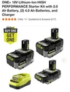 Ryobi One+ 18V Lithium-ion Starter Kit W/ 2.0AH & (2)4.0AH Batteries, Charger. Fixed Price $125.00.