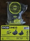 Ryobi 18V Lithium Starter Kit, 4AH, 2AH, Charger And 4IN. Fan New (combo). Fixed Price $130.00.