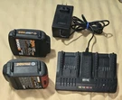 Worx 20V Max Cordless Lithium Ion 4AH + 2AH Battery Pack And Dual Charger WA3875. Fixed Price $72.95.